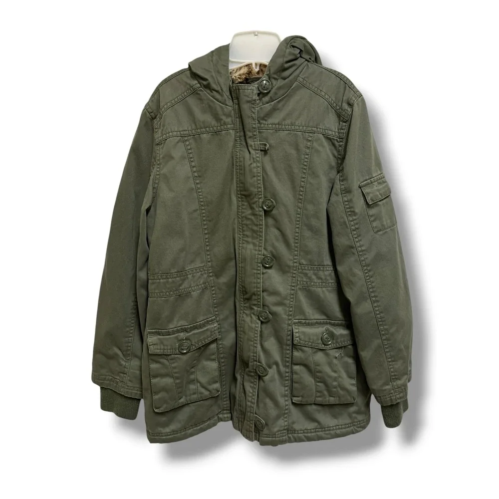 Justice Girls Olive Green Hooded Utility Anorak Jacket Faux Fur Lined 12/14